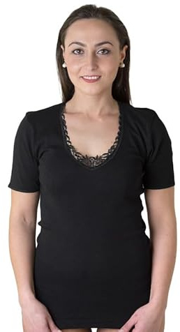 New Day intimo eccezionale – Lot de 3 Maillots de Corps Femme Manches Courtes en 100% Coton léger avec Dentelle macramé ou Bord Satin, Made in Italy (Dentelle/Noir, M)