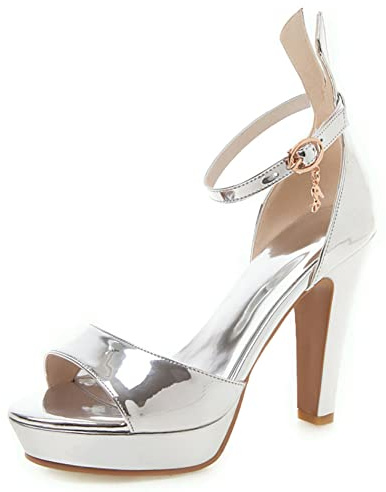 Lroey Reoly Sandali con Tacco Alto Donna, Sandali Punta Aperta Eleganti Tacco a Blocco Scarpe da Festa con Plateau Fibbia con Cinturino Alla Caviglia 068 Argento Numero 32 EU