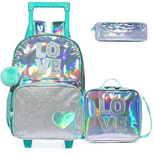Egchescebo Kids Love Rolling Roller Backpack for Girls 3Pcs Girl Childrens Suitcases Luggage Lunch Box with Wheels School Bags 16 Kids Wheeled Backpack Green Trolley School Bag