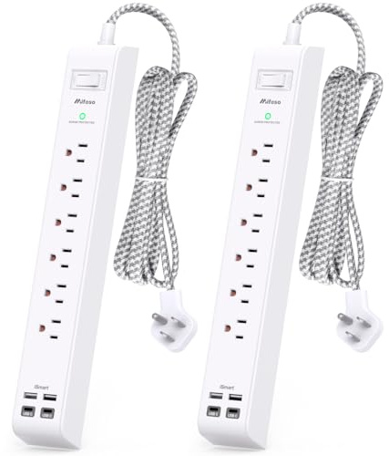 2 Pack Power Strip Surge Protector - 6 Outlets 4 USB Charging Ports, 5Ft Braided Extension Cord, Flat Plug, Overload Protection, Wall Mount for Home Office, Dorm Room Essentials White