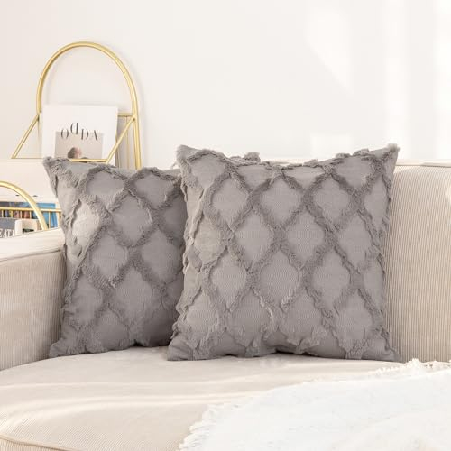 Ci & Ci 2er Set Boho Deko Kissenbezug 40x40 cm, Grau Kissen Sofakissen Dekokissen Zierkissen, Flauschig Kissenbezüge Kissenhülle für Sofa Couch