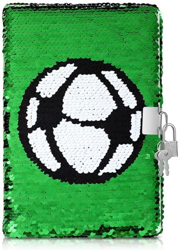 CLISPEED Diario de lentejuelas de fútbol: cuaderno reversible con patrón de fútbol para niños, cuaderno de notas con páginas rayadas, diario secreto con cerradura y llave