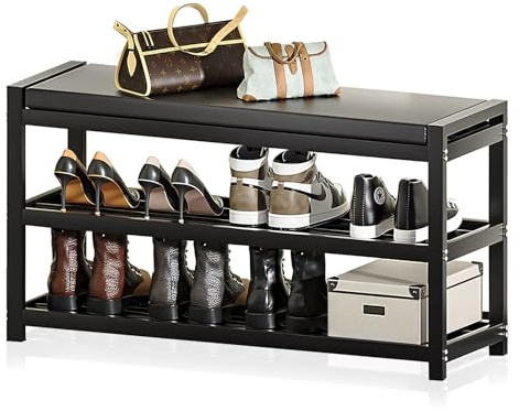 MaxEarn Zapatero de 3 niveles, 95 x 25 x 41,5 cm, banco de zapatos con asiento acolchado, estructura de acero al carbono, estante organizador de zapatos, color negro, estante de almacenamiento de