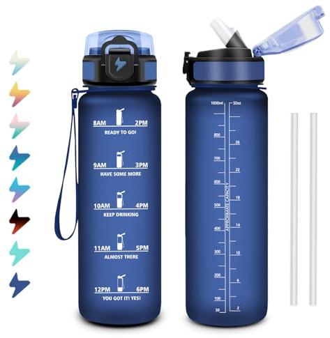 Borraccia Palestra 1 Litro, Bottiglia Acqua con Indicatore del Tempo, Borraccia Motivazionale con Cannuccia, Riutilizzabile, a Prova di Perdite, Facile Pulizia, Bottiglia per Scuola, Campeggio