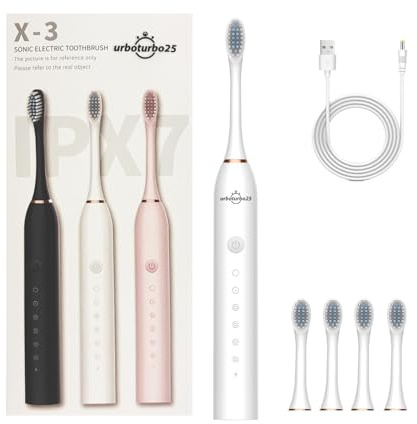 Sonic Travel Electric Toothbrush for Adults and Kids, 3 Colours, Black White Pink, 30+ Day Battery, 4 Toothbrush Heads and 6 Modes, USB Rechargeable, Gentle Powerful Cleaning by urboturbo25 (White)
