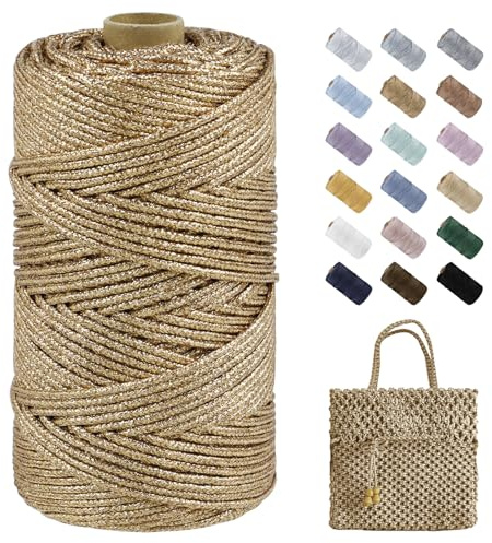 LEREATI Fil Macramé 3mm x 100m Fil Polyester pour Sac au Crochet, Corde Métallique pour Crochet Tricot Accrochage Mural, Sac à Main, Décoration de Maison, Bricolage Artisanat (Doré)