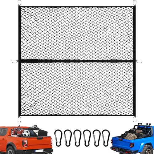 Highly Elastic Cargo Net, Pickup Truck Bed Cargo Net 120 x 120cm Extends to 210 x 210cm, Adjustable Elastic Car Boot Storage Mesh with 6 Hooks, Single layer Luggage Fixed Organizer for Vehicle Van SUV