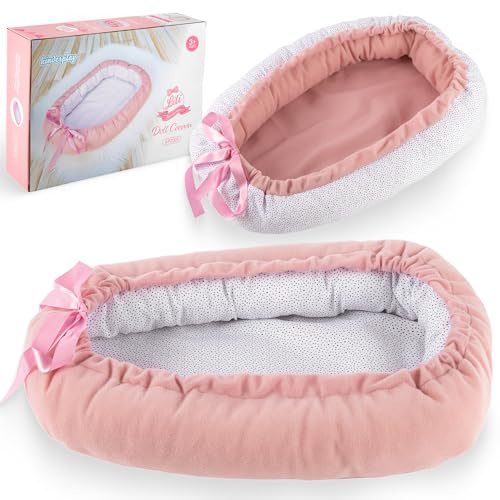 Kinderplay Bolsa de transporte para muñecas de 43 cm – suave bolsa de transporte para muñecas reversible rosa/blanco, nido de peluche/cuna de viaje, ligero y lavable, accesorio para muñecas de 30 – 43