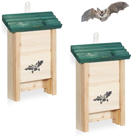Relaxdays Casette per Pipistrelli, Set 2 pz, Legno Grezzo, 25x18x6 cm, Naturale e Verde