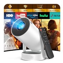 Proiettore Portatile Supporto 1080P 4K con WiFi 6 Bluetooth 5.4, Mini Proiettore Android 12.0 Altoparlante Integrato 5W con Auto Keystone e Zoom Regolabile, Rotabile 270° per Home Cinema Esterno