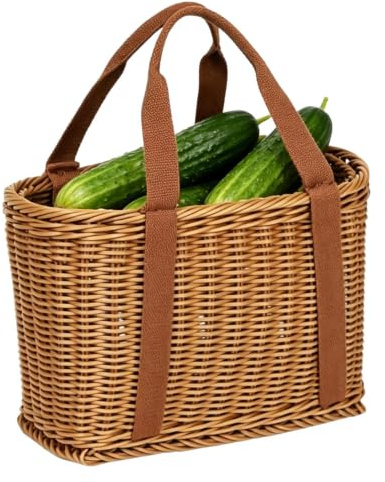 Flätad picknickkorg - handvävd simulerad rottingmarknadskorg med dubbla handtag, slitstark PP Återanvändbar förvaringskorg för trädgårdsgårdsskörd föda grönsaksfrukt Blomsamling