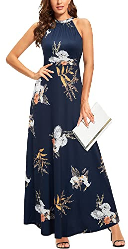 STYLEWORD Vestido Largo con Hombros Descubiertos y sin Mangas con Estampado Floral para Mujer Vestido Largo Elegante con Cuello Halter