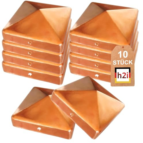 h2i Tappi per pali | rame | 91 x 91 mm | 10 pezzi | Tappo di copertura angolare per pali in legno da giardino e pali di recinzione a forma di piramide | Protezione dalle intemperie per travi e pali in