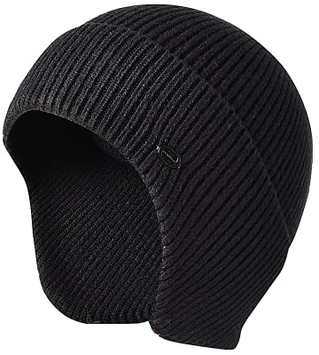 Cappelli invernali da uomo in maglia elastica da sci con paraorecchie antivento, nero, Taglia unica
