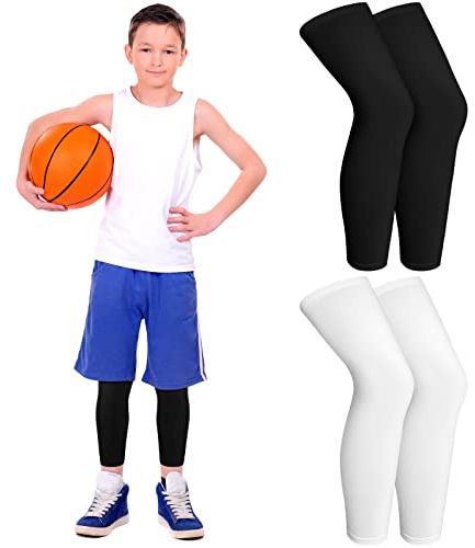 Geyoga 2 Pairs Kids Long Compression Leg Sleeves Long Knee Sleeves UV Protection for Boy Girl Youth Basketball Running Sport(Small,Black, White)