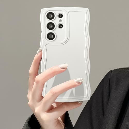 UEEBAI Case for Samsung Galaxy S22 Ultra 5G, Cute Wave Frame Slim Fit Shockproof Phone Bumper Cover, Soft Pretty Curly Wavy Case, Anti-Scratch TPU Case - White