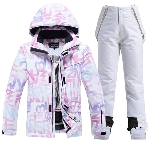 WOWULOVELY Women's Winter Skisuit Waterproof Windproof Ski Jacket and Pants Insulated Snowsuit Snowboarding Coat,304 White,Large