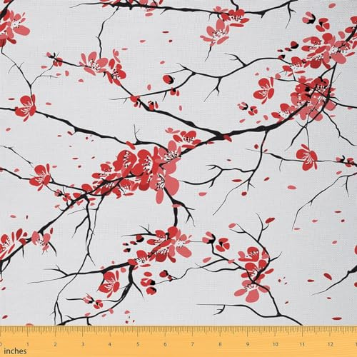 Homewish Tissu de Fleurs de Cerisier au Mètre 276x150 cm, Tissu D'Ameublement de Style Japonais, Tissu Décoratif Floral Romantique, Tissu Imperméable de Branches de Fleurs Aquarellées, Rouge Noir