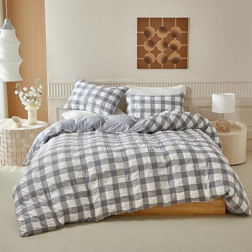 YASMENG Seersucker sängkläder 200 x 200 gråa vita rutiga sängkläder Seersucker moderna sängkläder i 3 delar mjukt ventilerande mikrofiber påslakanset med dragkedja och 2 örngott 80 x 80 cm