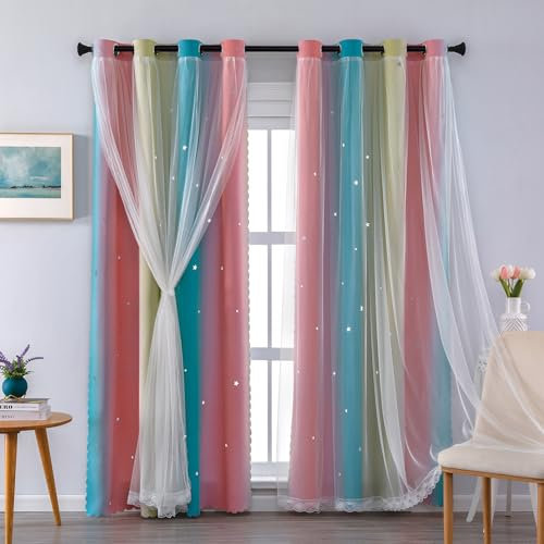 XiDi 52x72 Inch Ombre Curtains with Sheer Stars Cut Out Design - 2 Layer Ring Top Panel for Adult Kids Room, Glass Door Decor in Pink Yellow Blue