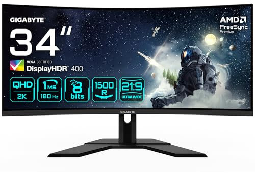 Gigabyte G34WQCP 34 WQHD Curved Gaming Monitor - 3440 x 1440, 1500R, 180Hz, 1ms, 350 cd/m2, AMD FreeSync Premium, DisplayHDR 400, HDMI 2.0, Displayport 1.4