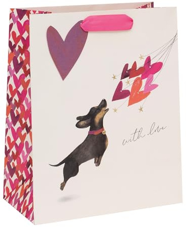 Glick Luxury Sausage Dog & Balloon Hearts Valentine's Day Gift Bag, Suitable for Mother's Day and Other Celebrations, 26w x 31.5h x 13.5d cms, Multi-Coloured
