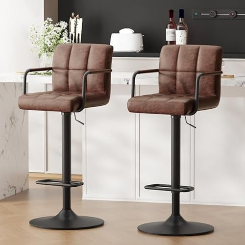 Ckaff Tabouret de Bar Lot de 2, Tabouret de Cuisine Pivotants 360°,Chaise de Bar Réglable en Hauteur avec Similicuir avec et Repose-Pieds, Dossier, Accoudoirs pour Cuisine, Comptoir, Bar, Marron foncé