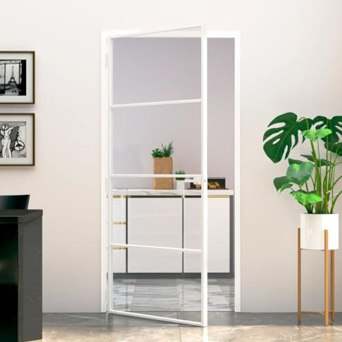 Gecheer Porte intérieure en verre trempé et aluminium blanc 93 x 201,5 cm, entrée coulissante pour maison, salle de bain, salon, salle de séjour, chambre