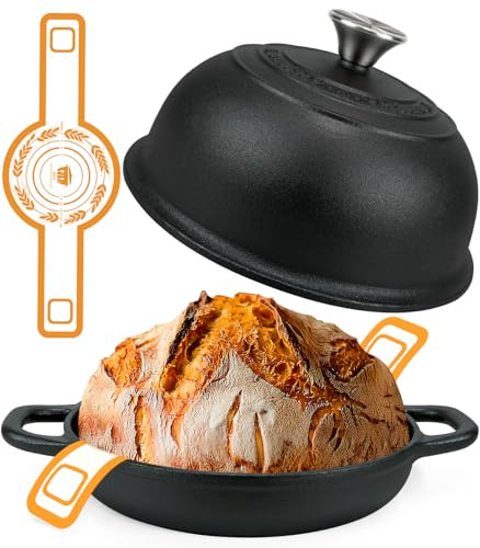 Gusseisen Topf Brot Backen,4,7L Bräter Schmortopf mit Deckel,24 cm Dutch Oven,Brotbacktopf mit Silikon Matte, Brot Backen Zubehör, Gusseisentopf Brotbacken für Backen Schmoren & Braten (Schwarz)
