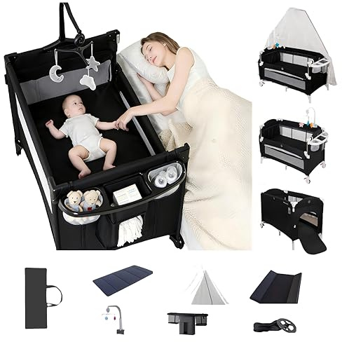Aveainelle Pack and Play Baby resesäng, vikbar och konvertibel babyvagga, justerbar spädbarn liggdel, spädbarn med myggnät (svart med nät)