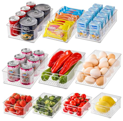 HNNJCK Fridge Organizer Set 10 Pack, 4 Sizes – Stackable Clear BPA-Free Storage Containers for Kitchen, Pantry, Freezer & Bathroom Organization