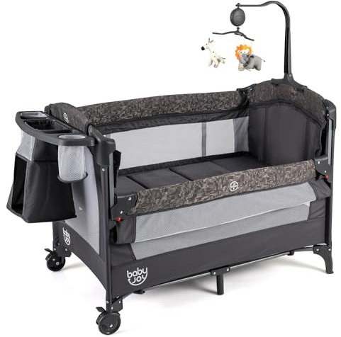 BABY JOY 5-in-1 Pack and Play, Baby Bedside Sleeper with Bassinet, Portable Baby Playard with U-Shaped Diaper Changer, Safety Strap, Multifunction Baby Bassinet Bedside Crib from Newborn to Toddlers