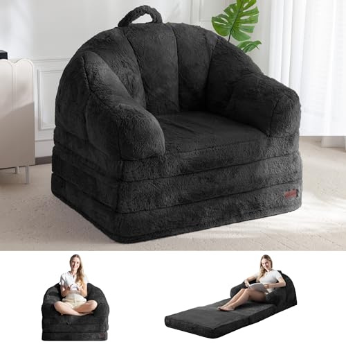 MAXYOYO Bekväm hopfällbar soffa i fuskpäls med handtag, sittsäck för vuxna, konvertibel fåtölj med liggfunktion för vardagsrum och sovrum