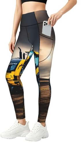 SABFWF Company Bondgårdsstraktor tryck leggings för kvinnor, träningsset med fickor, för gym, fitness och vardagskläder, Svart, 4XL