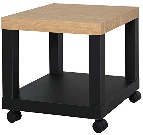 HOMCOM Tavolino ausiliario con ruote, tavolino ausiliario con ripiano aperto, tavolo per divano camera da letto, 40 x 40 x 40 x 40 cm, nero e naturale