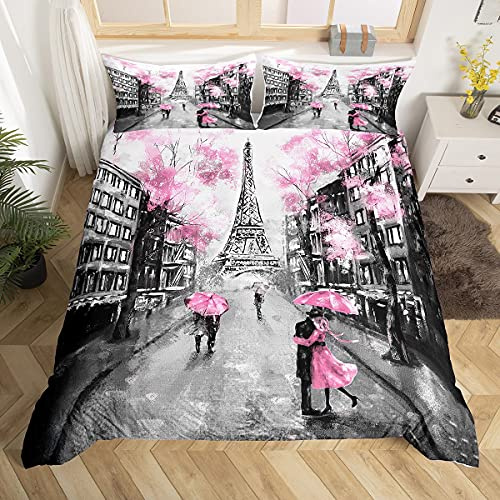 Loussiesd Eiffel Tower Bedding Set for Girls Romantic Paris Bed Cover Couple Womenative Paris Cityscape Printed Duvet Cover Modern French Style Bedding & Linen Pink Gray Double 3Pcs