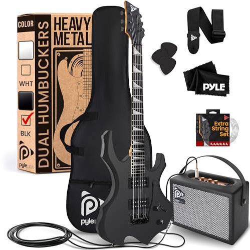 Pyle E Gitarre – Electric Guitar Set – E Gitarre Set mit Elektrische Gitarre, E-Gitarre Verstärker, Gitarren Tasche, Saiten, Gurt, Stimmgerät & Kabel, für Heavy Metal & Reisegitarre, Gitarre Schwarz