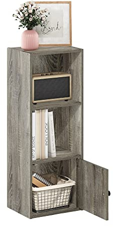 Furinno LUDER Book Shelf, 3-Tier Modern Bookshelf, Bookcase with 1 Door Storage Cabinet, 9.3 x 12 x 31.5, for Living Room, Bedroom, Home Office, French Oak