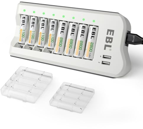 EBL batteriladdare med AA-batteri 2 800 mAh 4 stycken och AAA-batteri 1 100 mAh 4 stycken – 8 laddningsfack batteriladdare för AA AAA-batterier med 2 USB-utgång