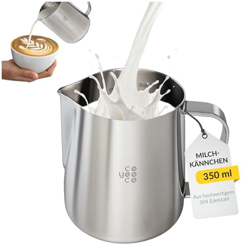 Coyooco Milchkännchen Edelstahl 350ml aus Edelstahl - Robust & Spülmaschinenfest - Milchkanne für perfekten Schaum - Barista Zubehör mit elegantem Design