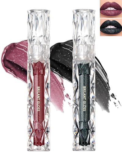 Rouge à Lèvres Pailleté Rot & Noir-2Pcs Très Pigmenté Lip Color Lip Gloss, Rouges à Lèvres Longue Tenue Brillant, Waterproof, Not-stick Cup Liquide Mat Lipstick, Maquillage Cadeaux pour Femmes-09+10