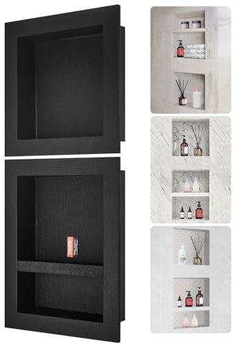 VEVOR Niche Encastrable Salle de Bain 40,64x40,64 cm & 40,6x50,8 cm Niche Douche Murale Triple Étagère Plastique XPS Coins Carrés Protection Scellée Moderne pour Stockage de Savon Salle de Bains, Noir