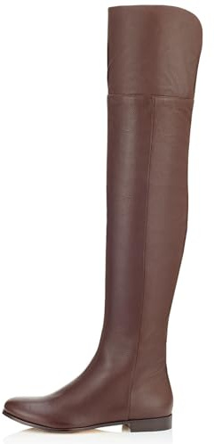 WOkismD Bottes au Dessus du Genou en Cuir PU pour Femmes, Cuissardes à Talons épais, Talons Plats, Bottes Hautes Confortables, Chaussures Longues d'automne et d'hiver avec Fermeture,Marron,45