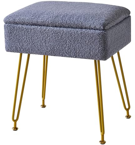 YMYNY Tabouret Pouf Ottoman avec Espace de Rangement, Tabouret de Maquillage, Repose-Pieds en Teddy Velours, Chaise de Coiffeuse Carrée, Pieds en Métal Doré, pour Salon 40×30×47CM Bleu HBD031BU