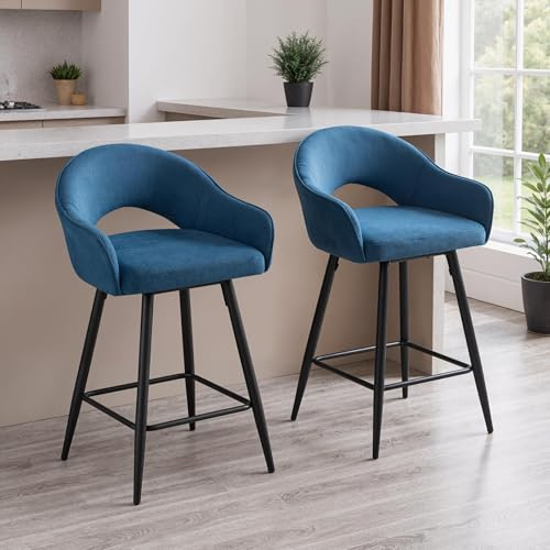 Ya-Home Chaise Bar Pivotant Lot de 2 Tabourets de Bar en Velours Tabouret de Comptoir Moderne avec Pieds en Métal Chaises de Cuisine Moderne, Bleu