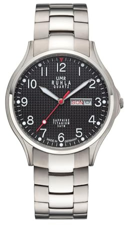 RUHLA-Classic Titan-Herrenuhr - satiniert & poliertes Titangehäuse Ø 40 mm - Datums- & Wochentagsanzeige in Deutsch und Englisch - schwarze Zifferblatt – Quarzwerk - Titangliederband - Made in Germany