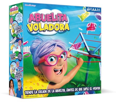 Creative Toys Abuelita Voladora Juego de Mesa Familiar | Set de Habilidad y Reflejos con Tendedero Giratorio | Actividad Creativa con Dado para Fiestas en Casa | 2 a 4 Jugadores