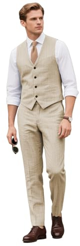 Botong Ensemble 2 pièces en lin décontracté pour homme avec gilet et pantalon, costume d'affaires formel, coupe ajustée, smokings de garçons d'honneur, beige, 48