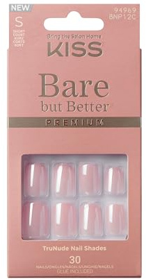 KISS Bare-But-Better Premium Press On Nails “Intro” Pink – Faux ongles à coller courts forme squoval, manucure DIY avec 30 ongles, colle à ongles 2 g, bâtonnet manucure et mini lime