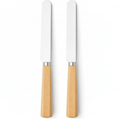 LacusMare Butter Knife Set of 2 – 17.5cm Oak Wood Handle Stainless Steel Butter Knives for Spreading Butter, Jam, Cream Cheese & Soft Cheese – Rustic Wooden Spreader for Toast & Sandwich